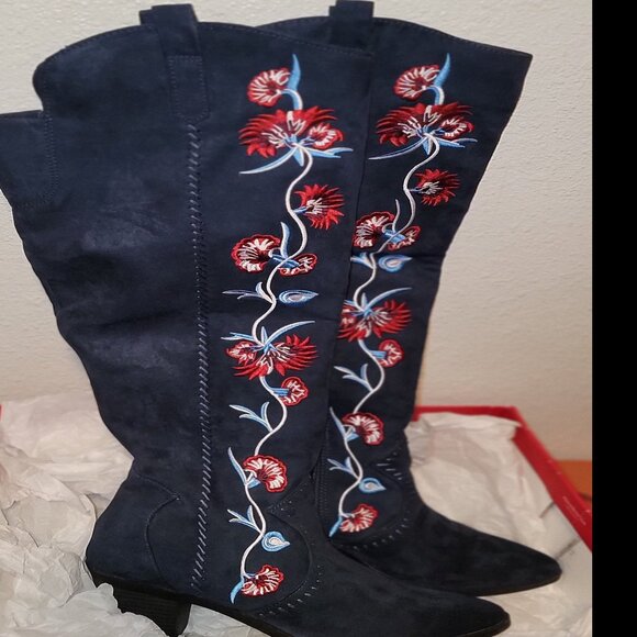 Carlos Santana Alexia Navy Floral Embroidery Over the Knee Boots - Picture 3 of 8